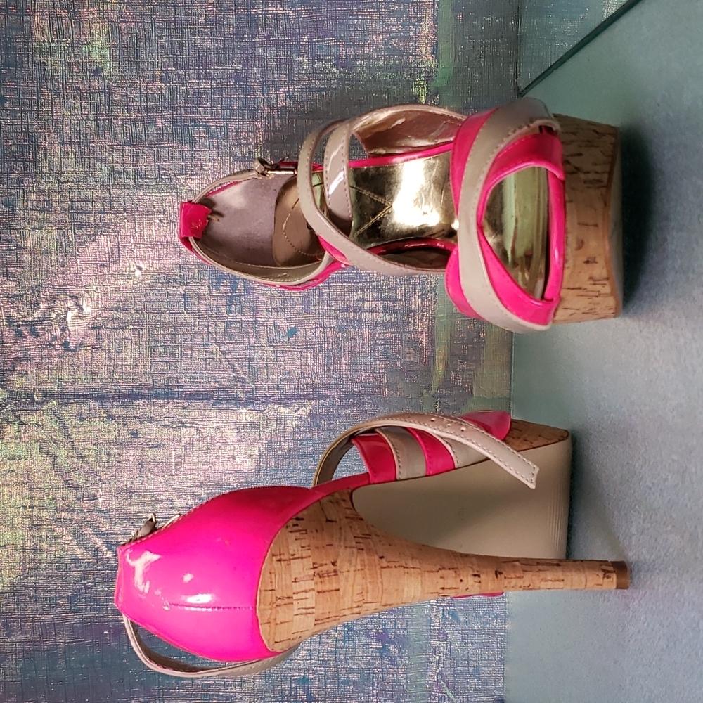 Hot pink and cork Guess 5 inch stilletos